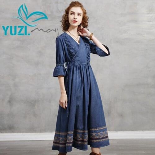 Womens Dresses 2021 Yuzi.may Boho New Denim Summer Dress Flare Sleeve Vintage Embroidery V-Neck Vestidos A82287 Vestido