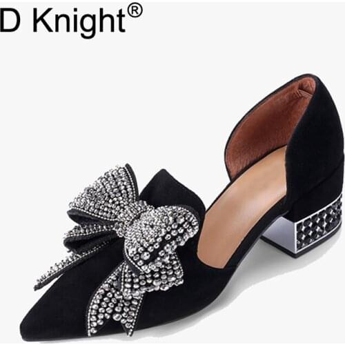 2020 Summer New Sandals Women Bling Rhinestone Big Bow Thick High Heel Sexy Pointed Toe Cut-Out Pumps Women Singles Shoes Sandal