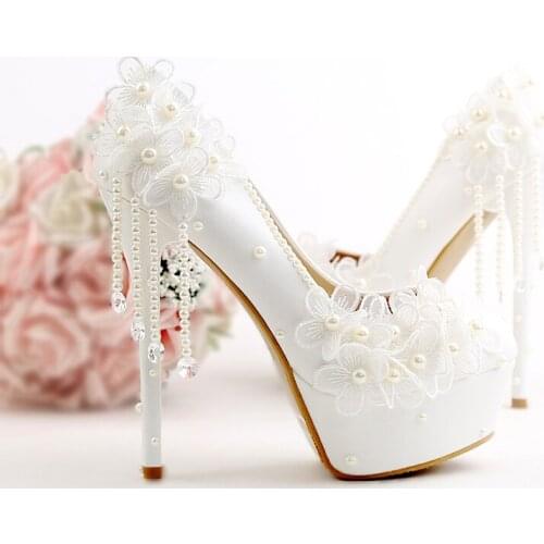 Platform High Heels 14cm Women Wedding Shoes White Pearl Bride Stiletto Pumps Tassel Lace Flowers Ladies Sexy Party Shoes