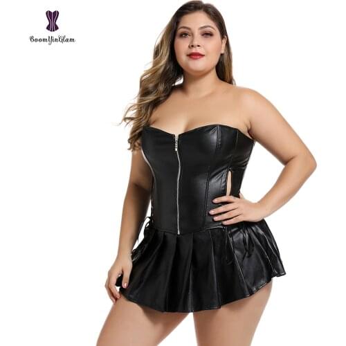 Plus Size Push Up Women Faux Leather Corset Dress Gothic Punk Zipper Corset With Skirt #829
