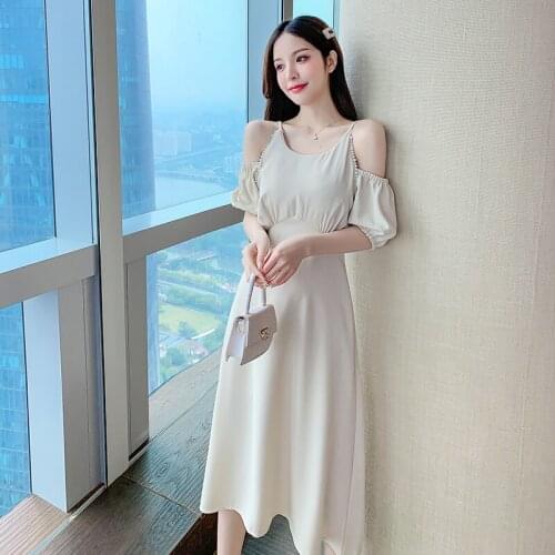 Korean Chic Design Sense Pearl Strapless Sling Dress Women Summer New Slim and Thin Mid-length Solid Color Dresses Female