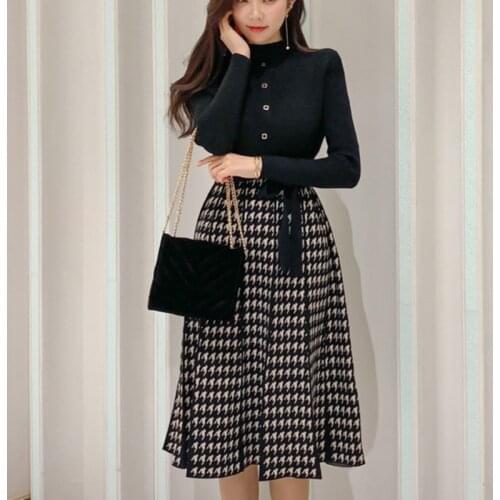 Lace-Up Bow Pleated Vintage Dresses 2021 Spring Korean Elegant Knitted Plaid Patchwork Women Dress Long Sleeve