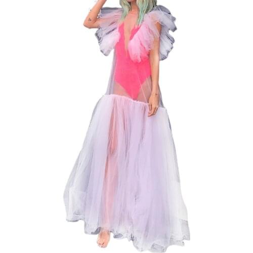 Women Formal Yarn Dress, Perspective Fly Sleeves V-neck Long One-piece, Beige/ Pink