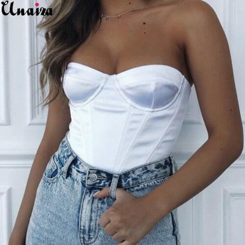 Unaiza Satin Corset Tops Strapless Summer Clothing Panel Shape Bare Shoulder Party Sexy Crop Women Tube Tops