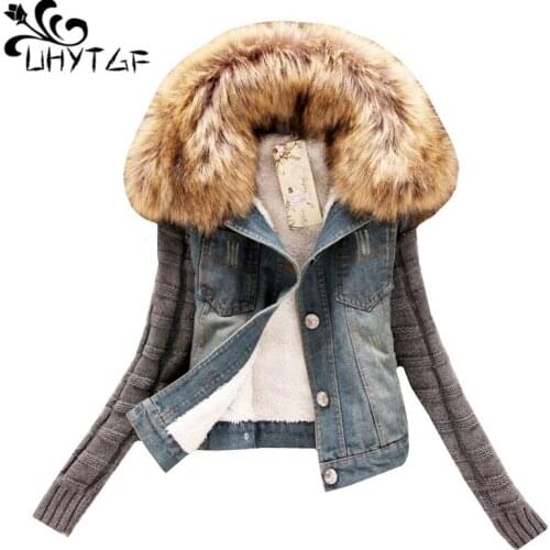 UHYTGF Fur collar winter denim jacket Plus velvet warm Parker tops womens Single-breasted slimr casual autumn Jeans jackets 746