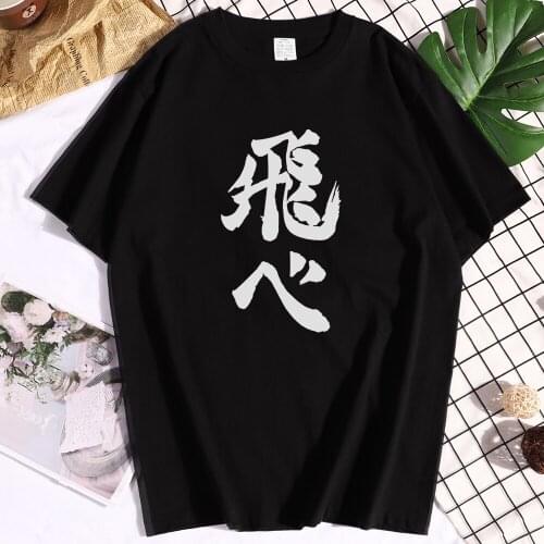 Cotton Haikyuu Fly Print mens T-shirts Graphic Tees Shirts Aesthetic Street T-shirt Vintage Regular Sleeve T-shirts Mens
