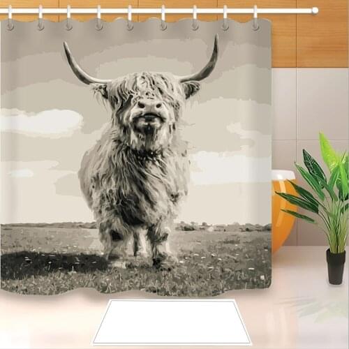 Highland Cow 3D Print Shower Curtain Polyester Fabric Bathroom Curtain Waterproof Hook Bath Curtain 03