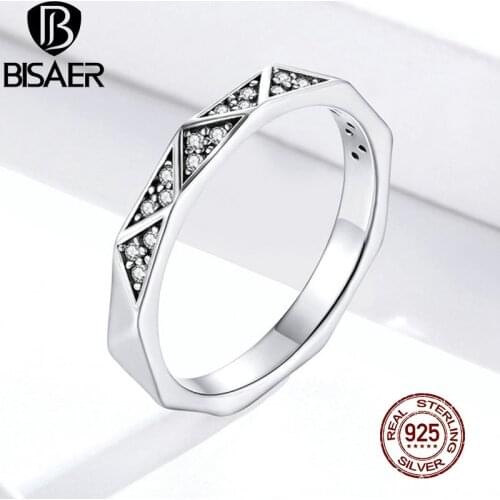 BISAER Geometric Patterns Rings 925 Sterling Silver Dazzling Zircon Pave Finger Ring For Women Wedding Statement Jewelry ECR654