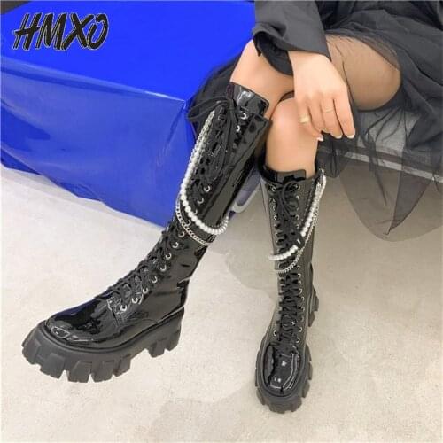 HMXO Pearl Chain British Style Handsome Martin Boots Black Thick-soled Thin Tall Boots Long Barrel Knight Boots Womens Boots