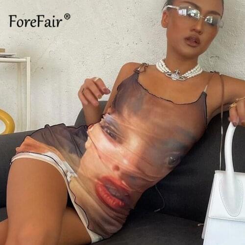 Forefair Spaghetti Strap Backless Print Lace Women Dress 2021 Summer Fashion Female Sleeveless Slim Party Sexy Mini Dresses