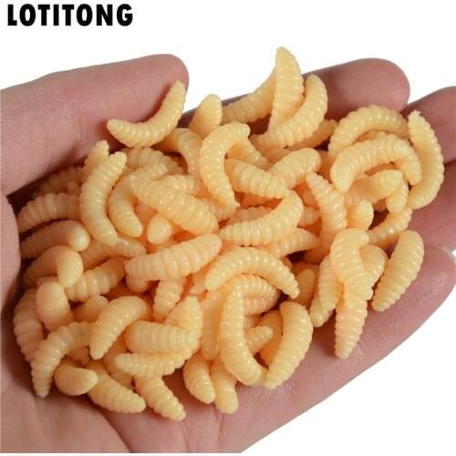 LOTITONG 50Pcs/lot 4 Colors 2cm Fishing Lure Soft Lures Bread Worm Bait Grub Smell Biomimetic Soft Worm Maggot Worn Fake Lure