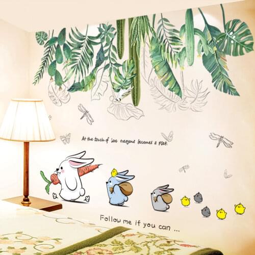 Cartoon Rabbits Animals Wall Sticker DIY Green Leaves Wall Decals for Kids Bedroom Baby Room Nursery Home Decoration