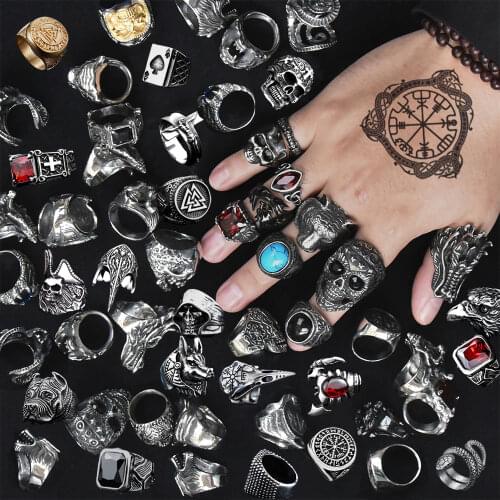 Biker Golden Rings For Man 316 Stainless Steel CZ Stones Skull Demon Sheep Snake Rings Punk Tree of Life Jewelry Halloween Gifts