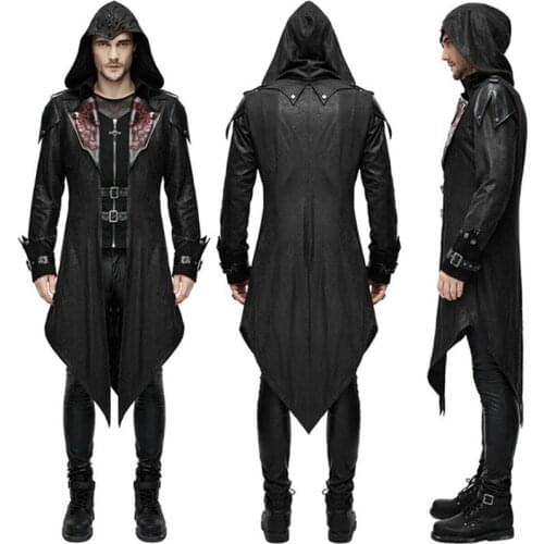 Men Jackets Men Fashion Gothic Hooded Jacket Steampunk Long Clothes Knight Assassin Cosplay Costumes S-5XL