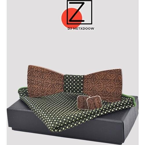 Mens casual Wooden ties Classic party Printing Plaid dots Man Tie for wedding Business Male tie Cufflinks hanky Corbatas Seda