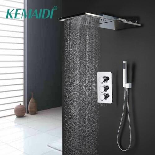 KEMAIDI Chrome Waterfall Rain Shower Faucet Set Plastic Handshower Wall Shower Column 3-Ways Brass Mixer Valve Shower Tap
