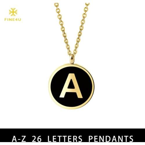 FINE4U N119 Initial 26 Letters Necklace 316L Stainless Steel Alphabet Pendant Necklaces Black Shell Coins Necklace
