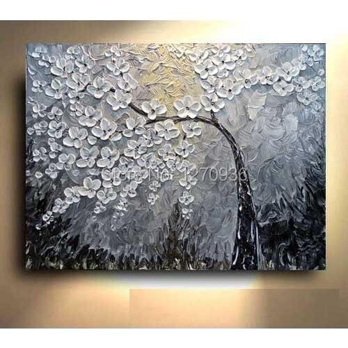 Palette Knife High Skilled High Quality White Flower Gray Background Abstract Oil Painting On Canvas Handmade Flower Paintings