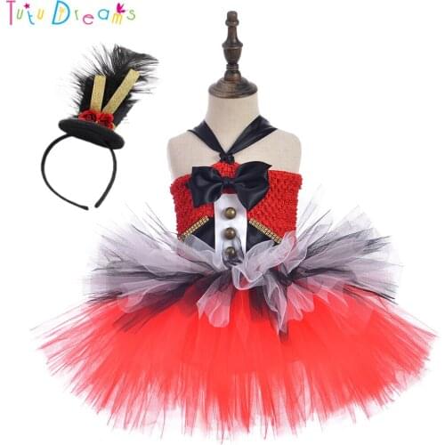 Circus Lion Tamer Tutu Dress With Headband Baby Girls Button Bow Birthday Party Dress Ringmaster Halloween Costume Bodysuit