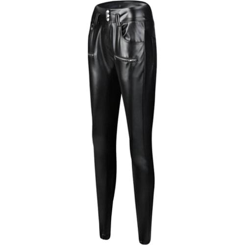 Plus Size S-XXXL High Waist With Button Black Leather Pants Ladies Summer Skinny Push Up Solid Black Women Pencil Pants