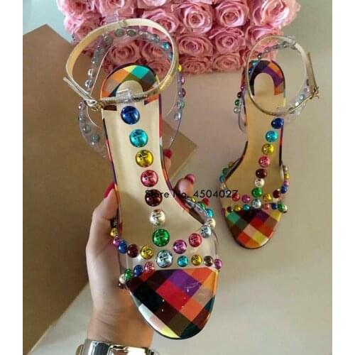 Summer new transparent PVC colorful round beads T-strap high-heeled sandals hollow out womens shoes