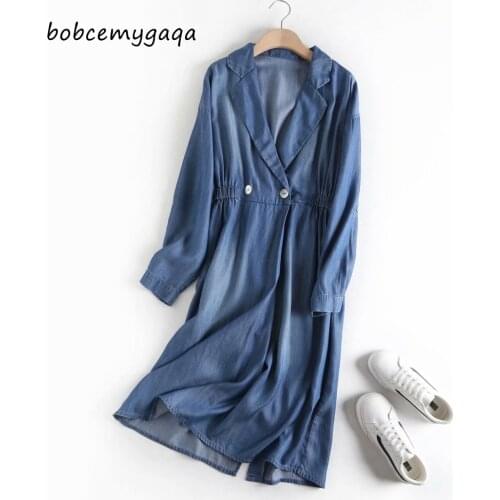 Sexy notched long denim dress women slim waist spring long sleeve dress work office lady soft jeans dress vestidos cotton