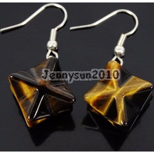 Natural Tigers Eye Gems Stone Merkaba Healing Reiki Chakra Pendant Silver Plated Hook Earrings Set 5 Pairs/Pack