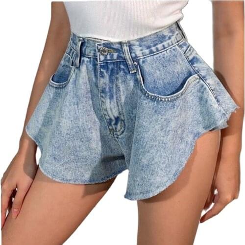 Casual Denim Shorts Skirts High Waist Ruffle Hem Loose Ruched Short Pants Female Fashion Clothing 2021 Spring Tide