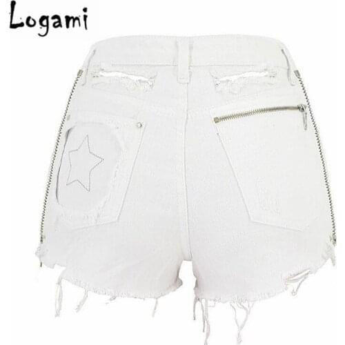 LOGAMI High Waist Jeans Shorts Women Both Size Zipper Star Embroidery Ripped Denim Shorts Beach Wear White