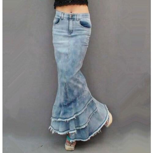 TIYIHAILEY Free Shipping 2021 New Fashion Long Maxi Denim Skirt For Women Mermaid Style Fish Tail High Waist Retro Tassels S-XL