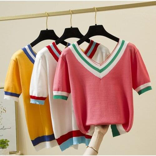 Camisetas Mujer 2021 V-Neck T Shirt Women Tshirt Contrast Color Striped Knitted Summer Top T-Shirt Woman Clothes Tee Shirt Femme