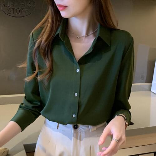 Fashion Office Lady Shirt and Blouse 2021 Autumn Solid Silk Satin Shirt Long Sleeve Shirt Korean Clothing Women Tops 11053