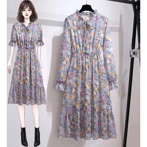 Women Dresses ShortLong Sleeve Plus Size Womens 2021 Fashionable Floral Chiffon Fashion Dress Vestido De Mujer Femme Robe