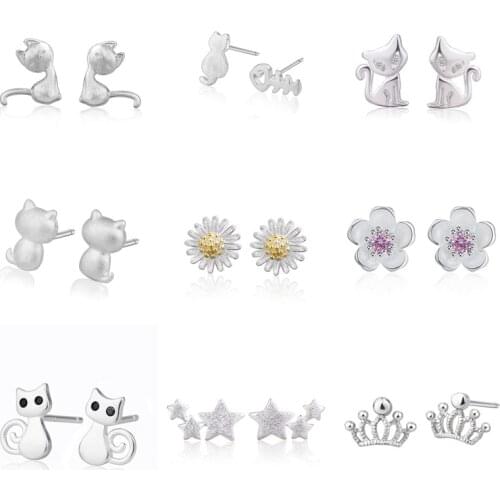 Cute Sweet Silver Color Women Stud Earrings Gift Korean Fashion Cat/Flower/Crown/Star Geometric Earrings for Women Accessories