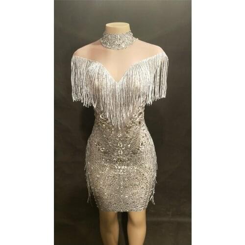 Women stretch Mesh See Through Fringes Dress Birthday Celebrate Perspective Dress Evening Party Sleeveless Tassel Dresses