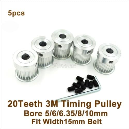POWGE 5pcs 20 Teeth 3M Timing Pulley Bore 5/6/6.35/8/10mm Fit Width 15mm HTD 3M Belt 20T 20Teeth HTD 3M Pulley CNC Engraving