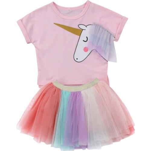 2Pcs Imcute Baby Girls Clothes Unicorn Cartoon Print Clothing Suit Kids Top T-shirt Lace Tutu Skirt 2pcs Outfits Summer 6M-5T