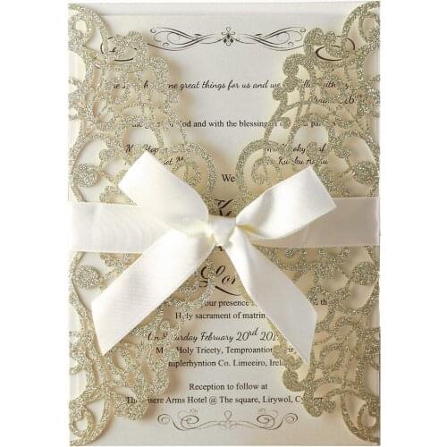 20pcs Glitter Laser Cut Wedding Invitations Cards with Bowknot and Envelope for Bridal Shower Engagement Party,Customizable