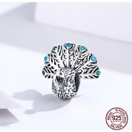 Auffik Genuine 925 sterling silver retro peacock charm fit original bangle & beads for women jewelry pendant making new