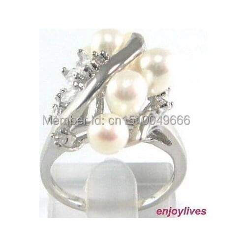 FREE SHIPPING >>>Real White Pearl 6 Beads Crystal Flower Ring Size: 7.8.9
