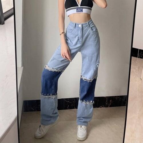 New Y2k High Wiast Loose Patchwork Ripped Pins Color Matching Drape Straight Jeans Wide Leg Casual Denim Long Pants Streetwear