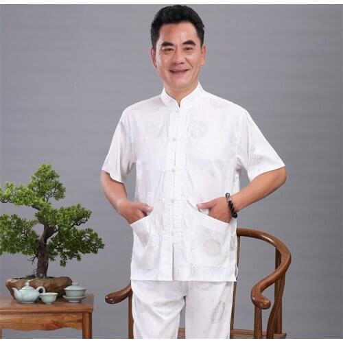 Men Kung Fu Suit Chinese Dragon white Wu Shu Uniform Tai Chi Clothing Short Sleeve Shirt+Long Pant Sets Plus size M -4XL