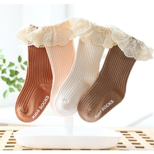 Baby Girls Lace Princess Socks Ribbed Knit Solid Color Anti-slip Medium Tube Stockings Kids Turn Cuff Ruffle Floor Hosiery