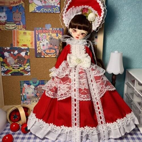 BJD doll dress fits with 1/6 size stylish versatile bonnet hat + gorgeous turn lace red skirt + skirt support + white lace socks
