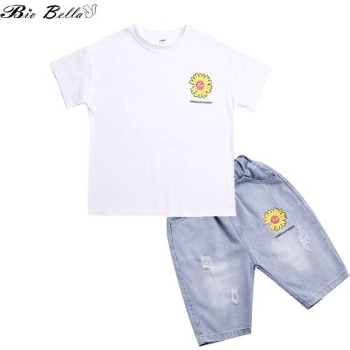 Fashion Baby Boy Outfits Short Sleeve Toddler Sunflower Print White T-shirt Tops+Denim Shorts 2pcs Suit Summer Kids Clothes Sets