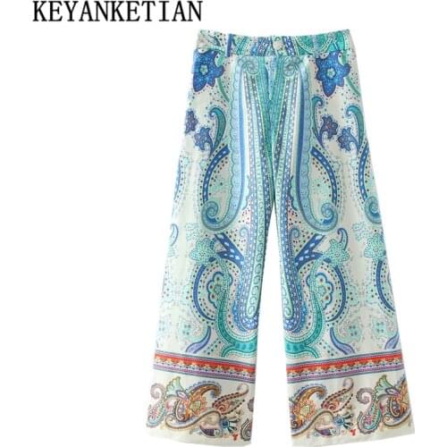 KEYANKETIAN Fashion holiday ladies retro print casual wide-leg pants Summer high-waist straight-leg pants womens trousers