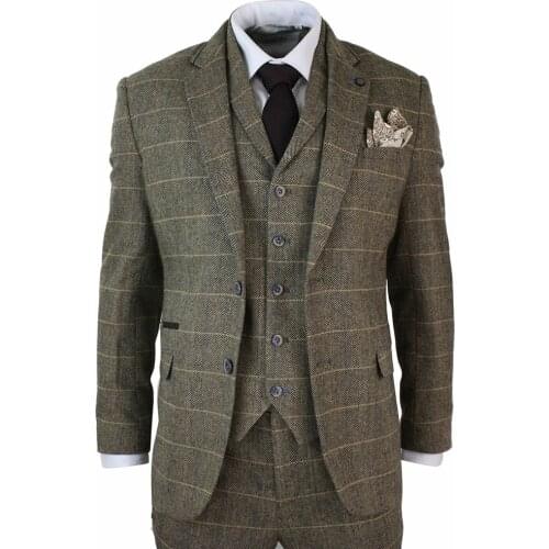 Winter Tuxedos Tweed Wool Blend Mens Suits Wedding Groomsmen Herringbone Check Jacket+Vest+Pants Slim Fit Peaked Plaid Coat