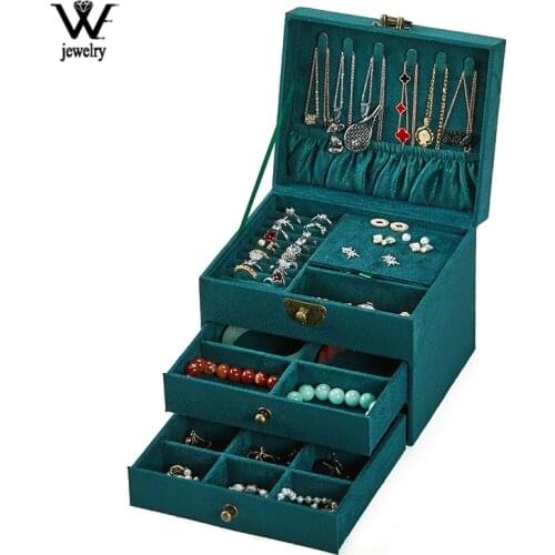 WE Three-layers Portable Green Jewelry Box with Retro Lock Organizer Storage Earring Necklace Display Organizer for Women Gifts