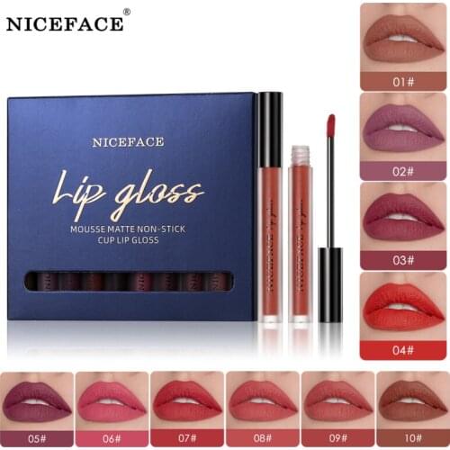 NICEFACE 10 Colors Lip Glaze Long Lasting Lipstick Moisturizing No Fading Non-stick Velvet Matte Lip Gloss Lip Makeup TSLM2