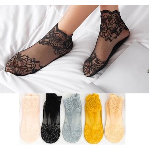 5 Pairs Women Socks Summer New Colorful Floral Lace Ankle Socks Palace Style Thin Transparent Socks Solid Cute Socks